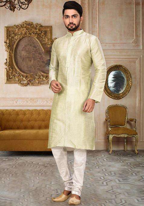 Sea Green Embroidered Silk Kurta For Men