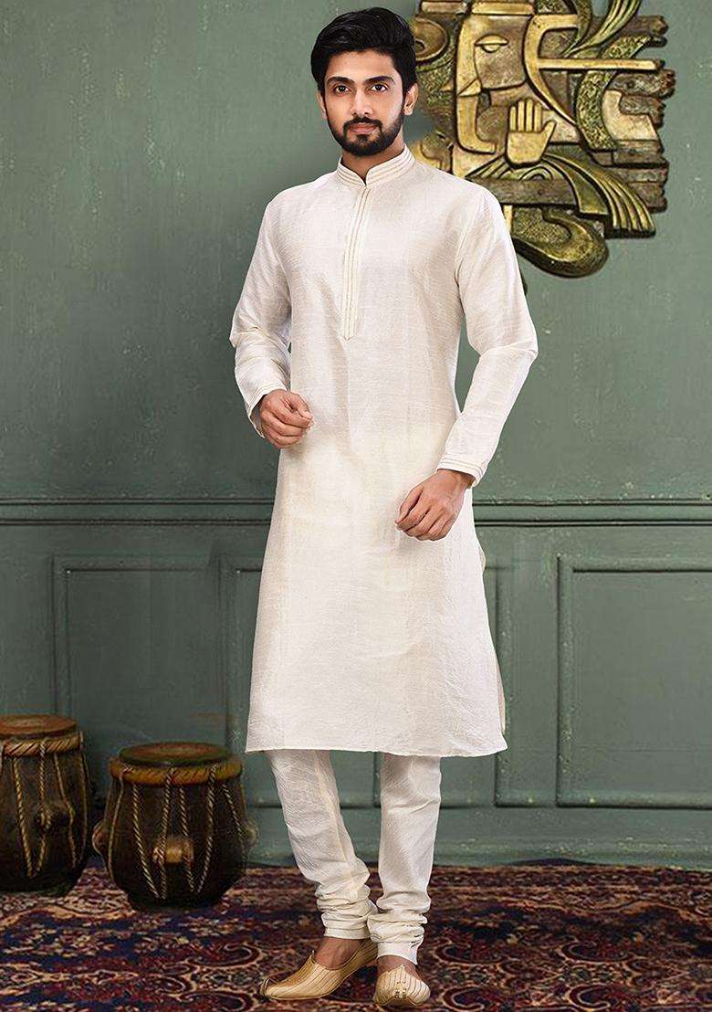 White Embroidered Silk Kurta For Men - Indya