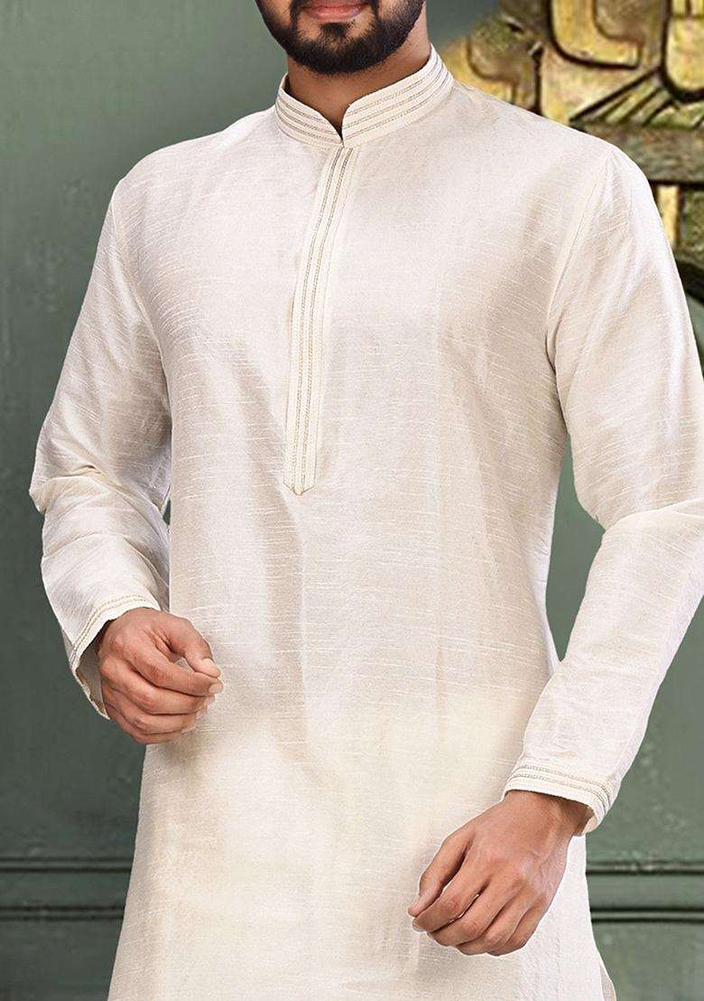 White Embroidered Silk Kurta For Men - Indya