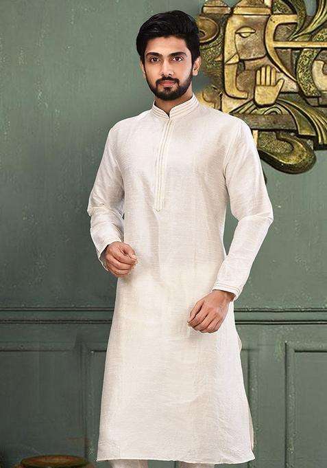 White Embroidered Silk Kurta For Men