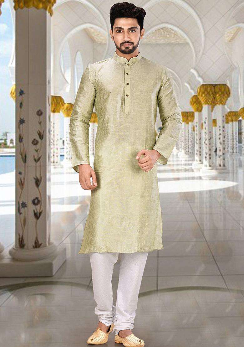 Sea Green Silk Kurta For Men - Indya