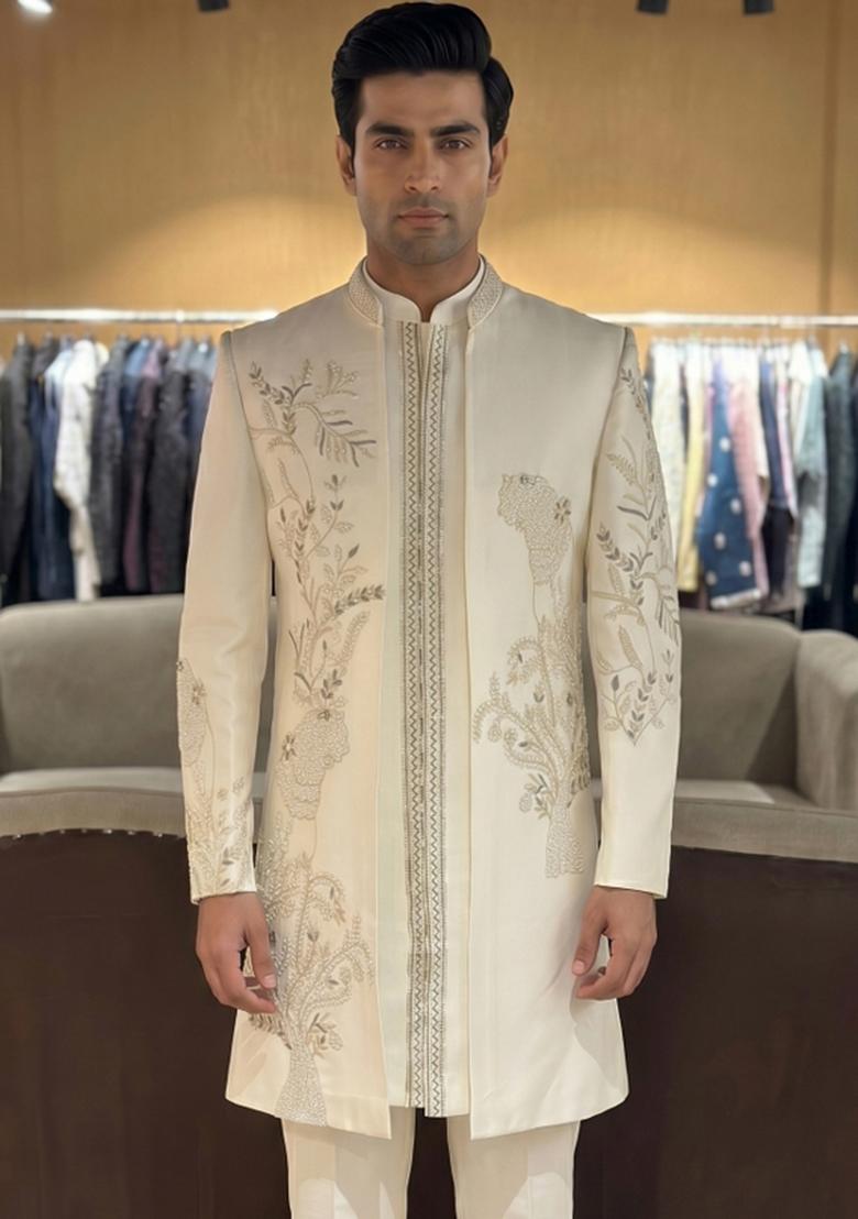 Cream Embroidered Armani Indo Western For Men - Indya