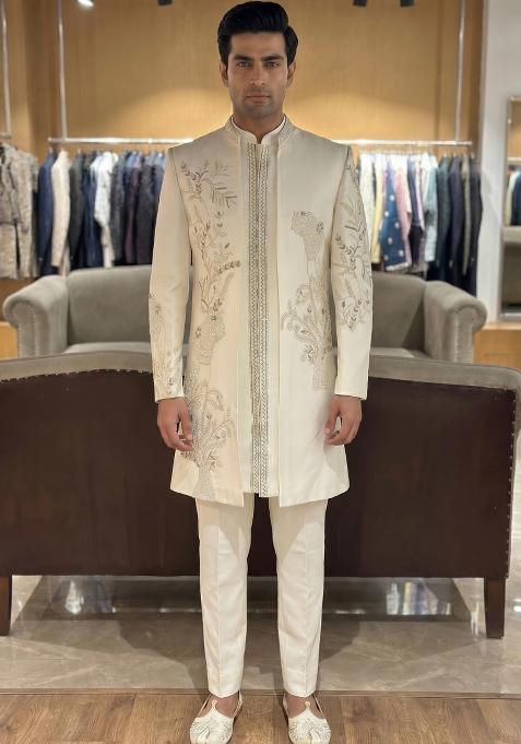 Cream Embroidered Armani Indo Western For Men