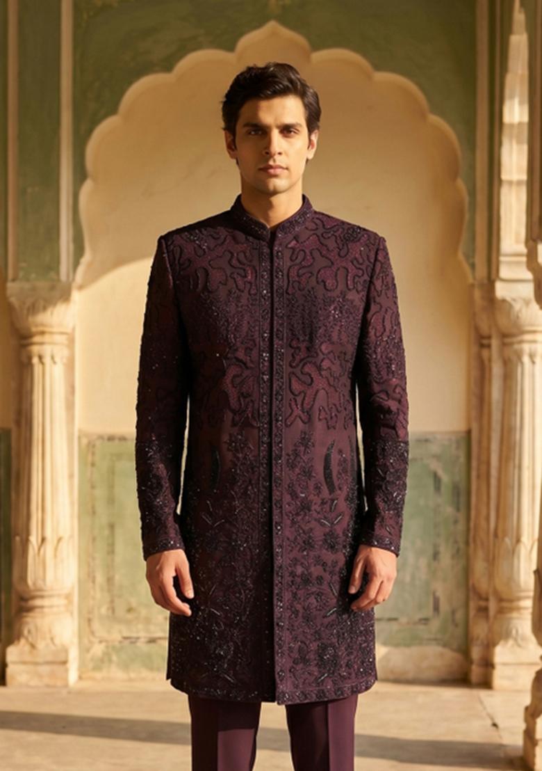 Wine Embroidered Armani Indo Western For Men - Indya