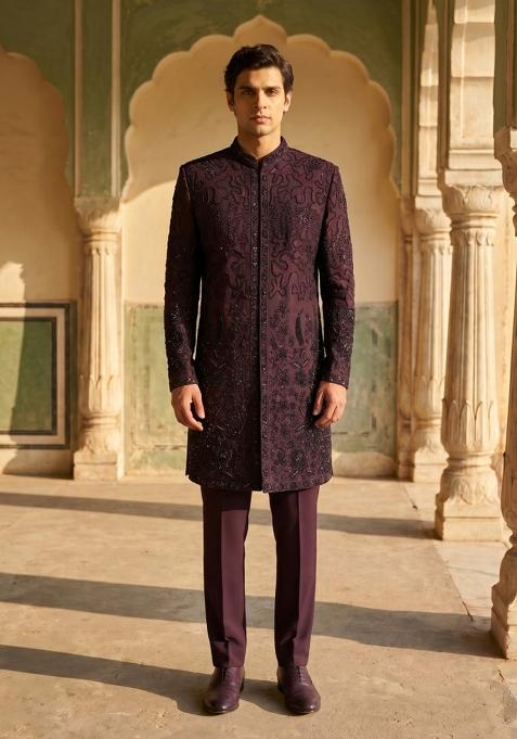 Wine Embroidered Armani Indo Western For Men