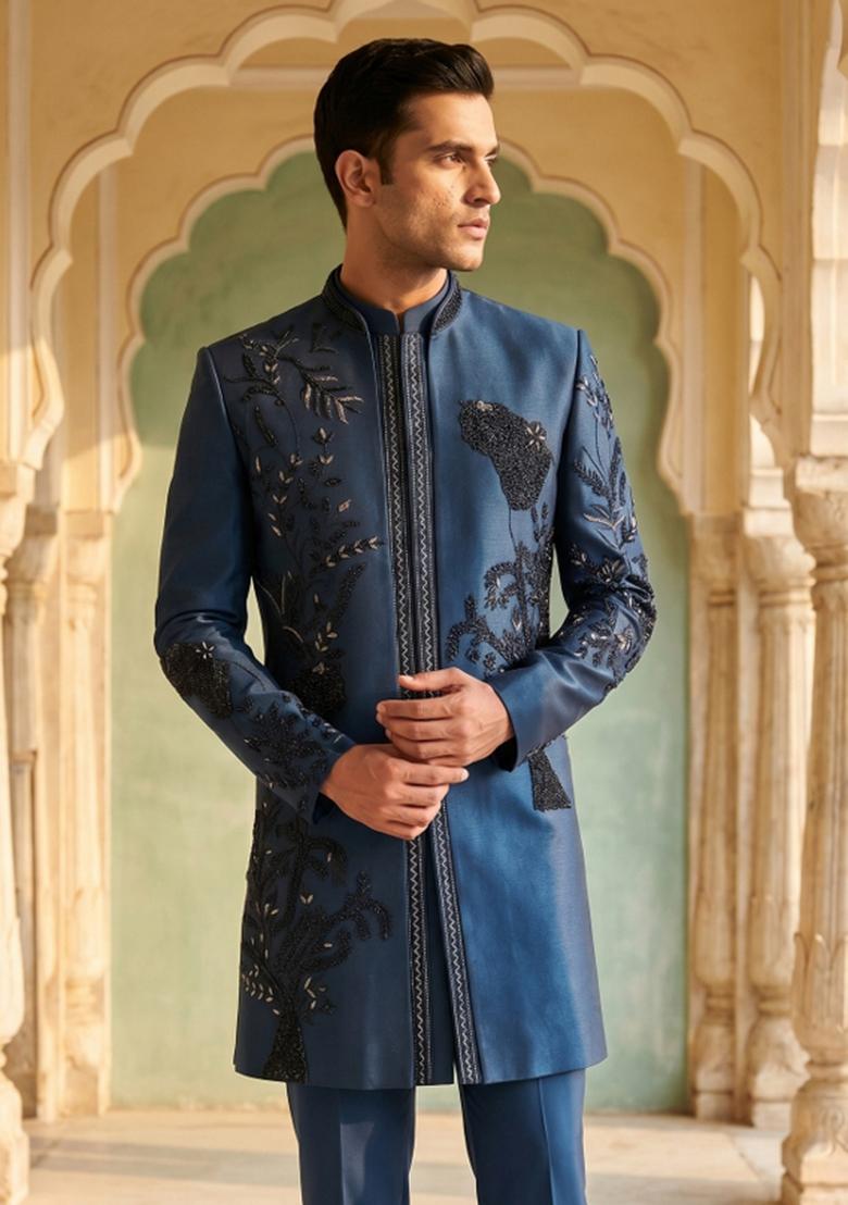Navy Blue Embroidered Armani Indo Western For Men - Indya