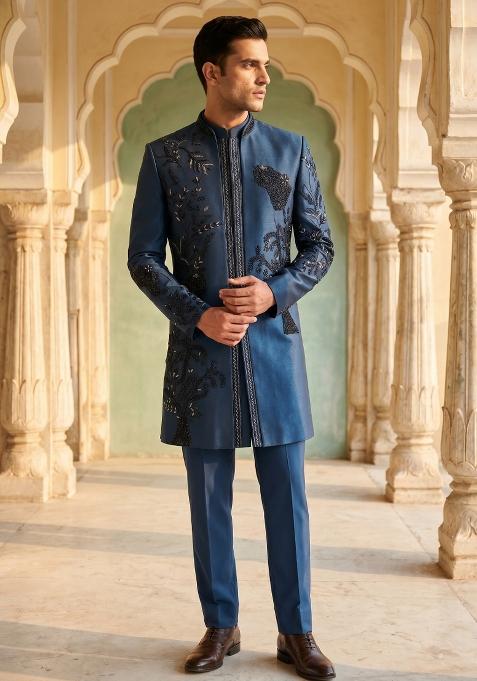 Navy Blue Embroidered Armani Indo Western For Men