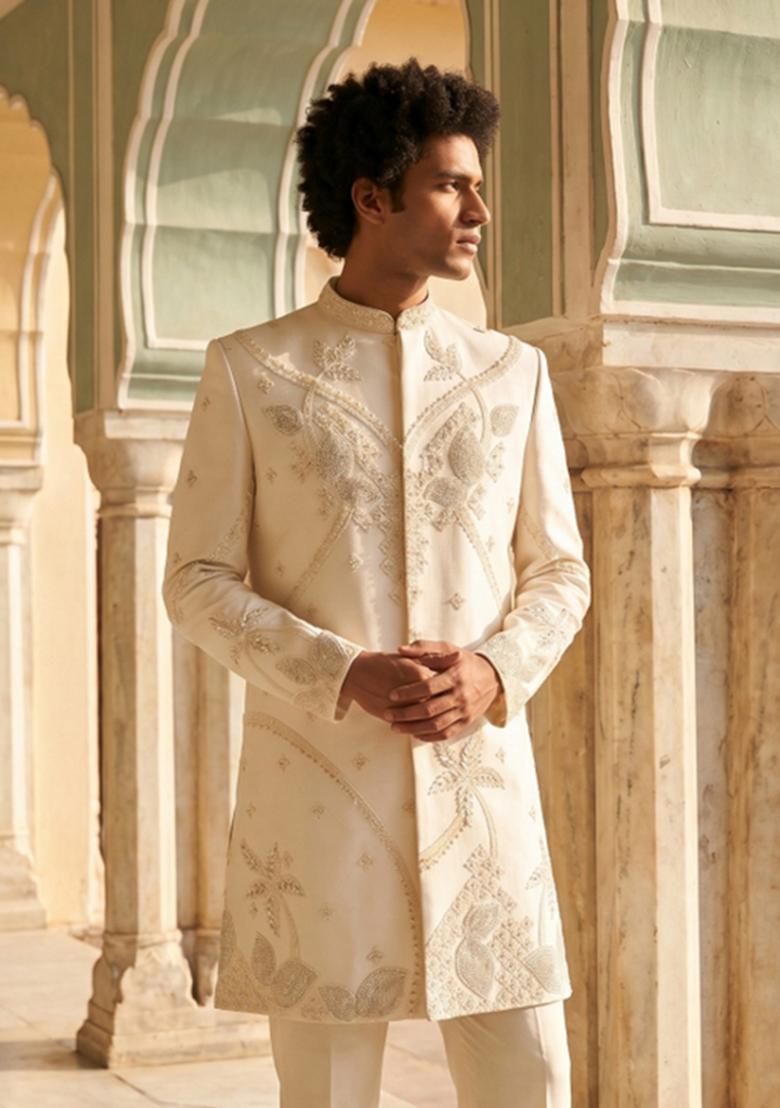 White Embroidered Armani Indo Western For Men - Indya