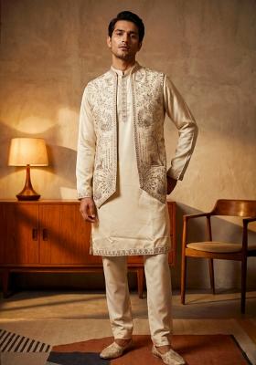 Off White Embroidered Armani Indo Western For Men