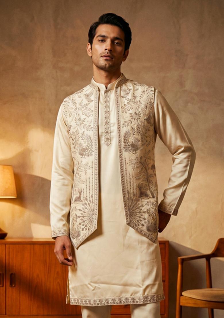 Off White Embroidered Armani Indo Western For Men - Indya