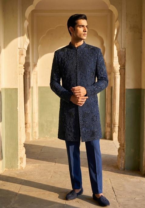 Navy Blue Embroidered Armani Indo Western For Men