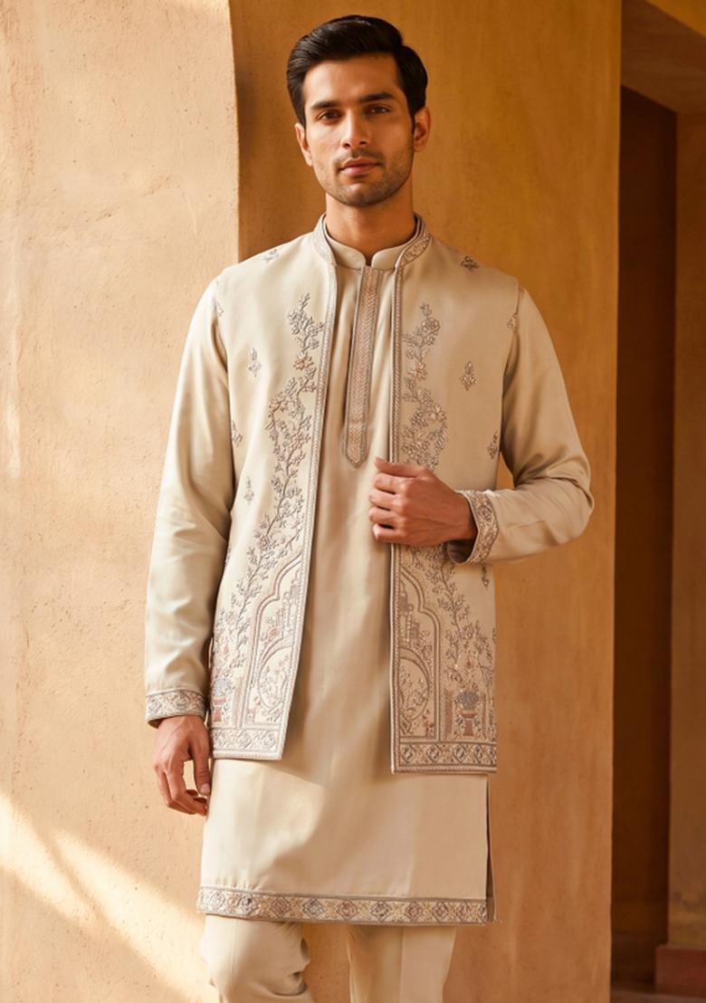 Cream Embroidered Armani Indo Western For Men - Indya