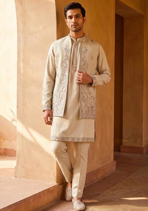 Cream Embroidered Armani Indo Western For Men