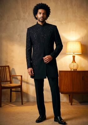 Black Embroidered Armani Indo Western For Men