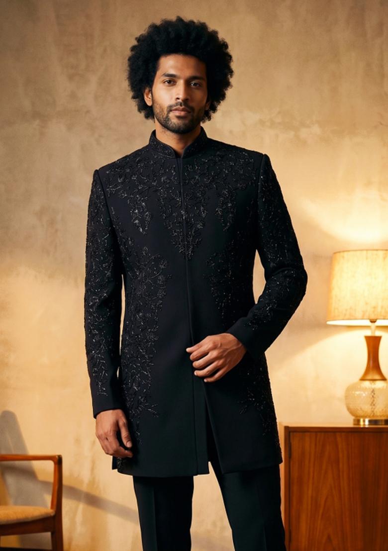 Black Embroidered Armani Indo Western For Men - Indya