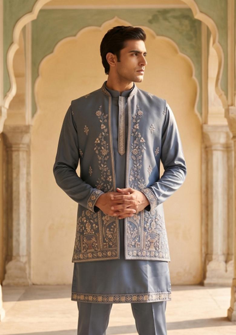Grey Embroidered Armani Indo Western For Men - Indya