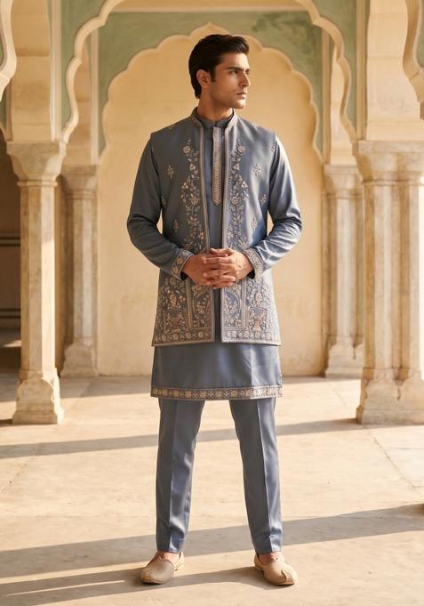 Grey Embroidered Armani Indo Western For Men