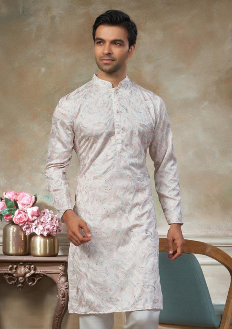 White Embroidered Silk Kurta Pajama For Men - Indya