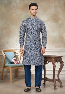 Blue Embroidered Silk Kurta Pajama For Men