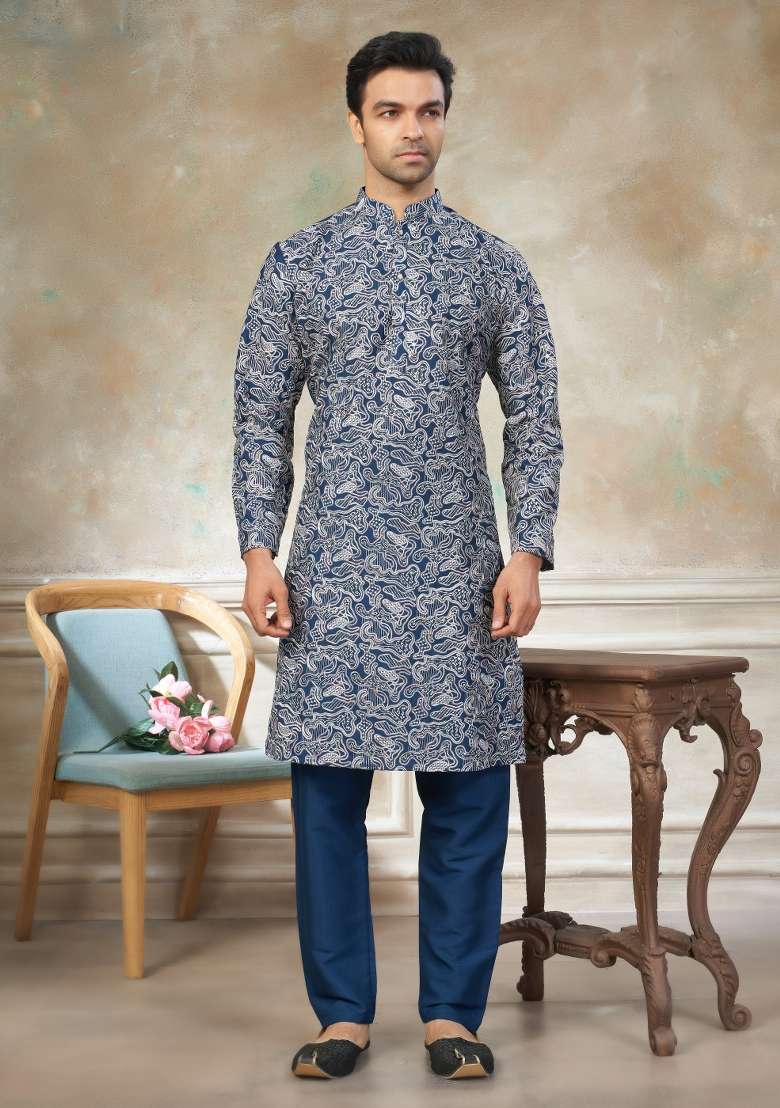 Blue Embroidered Silk Kurta Pajama For Men - Indya