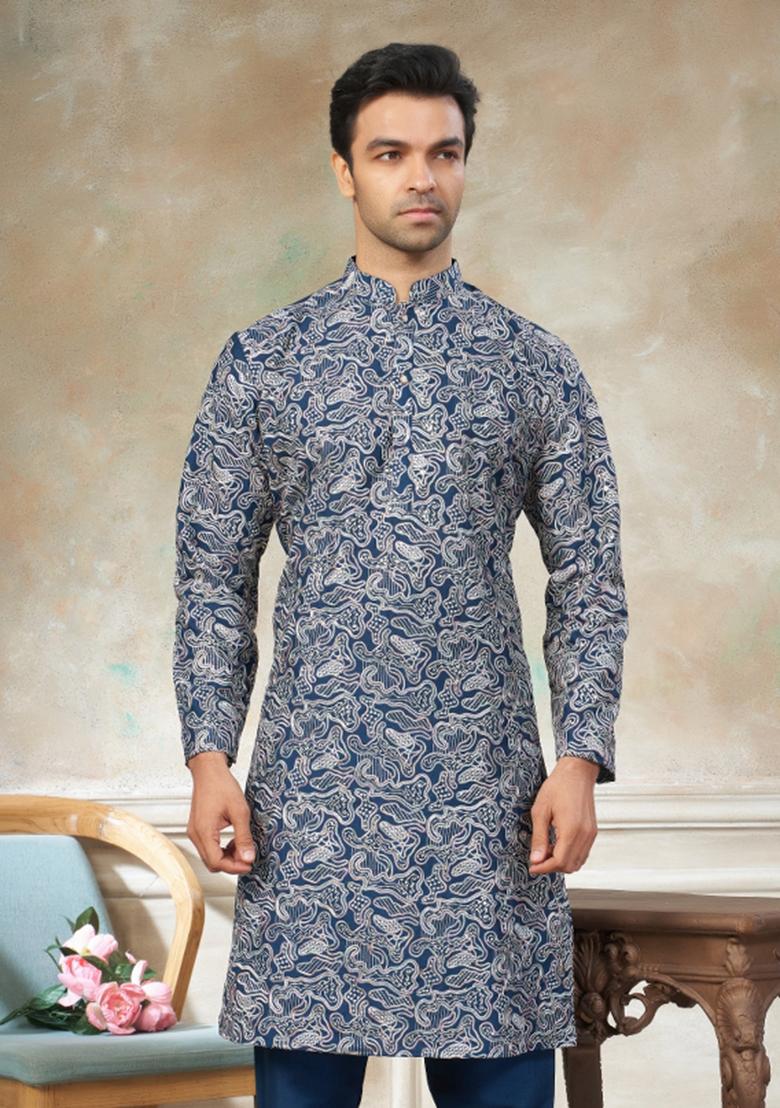 Blue Embroidered Silk Kurta Pajama For Men - Indya