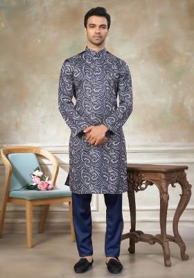 Navy Blue Embroidered Silk Kurta Pajama For Men
