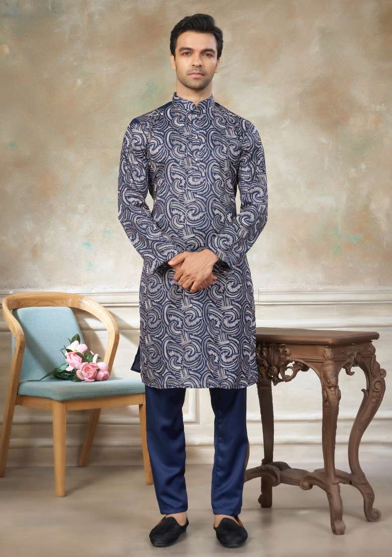 Navy Blue Embroidered Silk Kurta Pajama For Men - Indya
