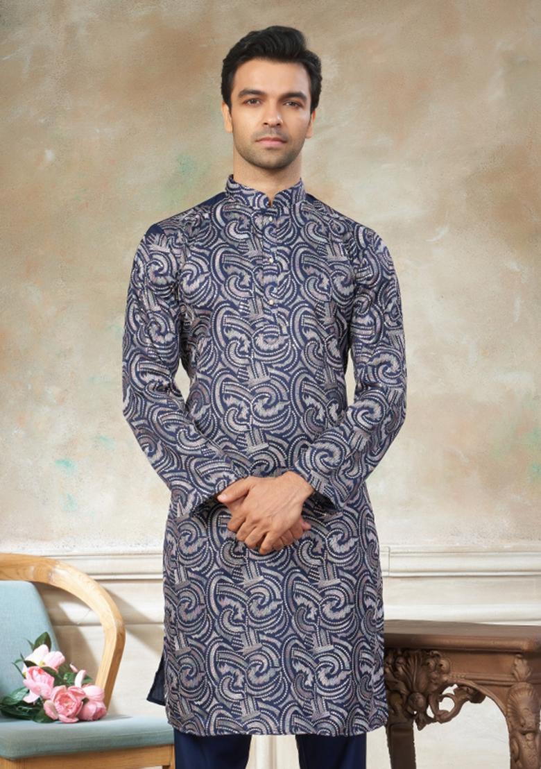 Navy Blue Embroidered Silk Kurta Pajama For Men - Indya