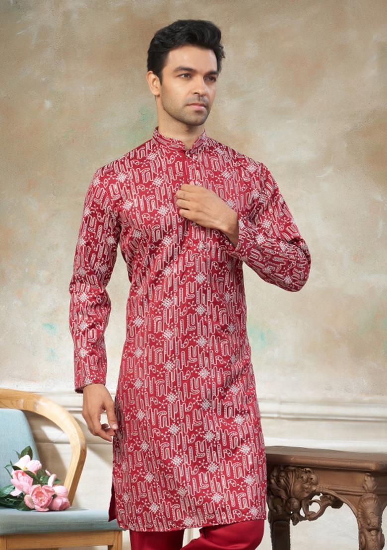 Red Embroidered Silk Kurta Pajama For Men - Indya