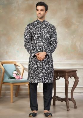 Black Embroidered Silk Kurta Pajama For Men