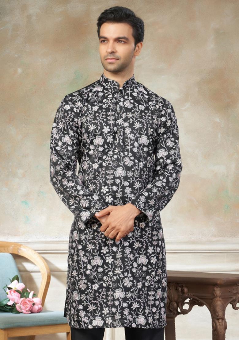Black Embroidered Silk Kurta Pajama For Men - Indya
