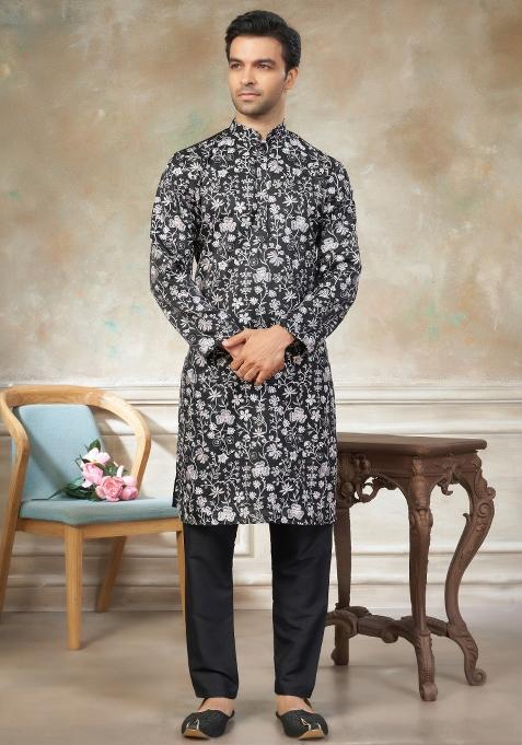 Black Embroidered Silk Kurta Pajama For Men