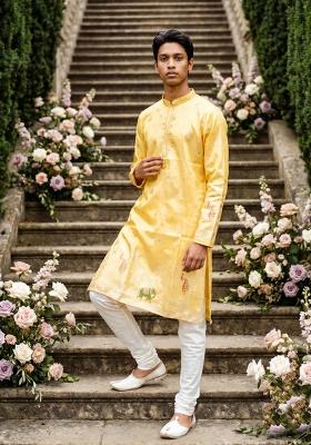 Yellow Embroidered Silk Kurta Pajama For Men