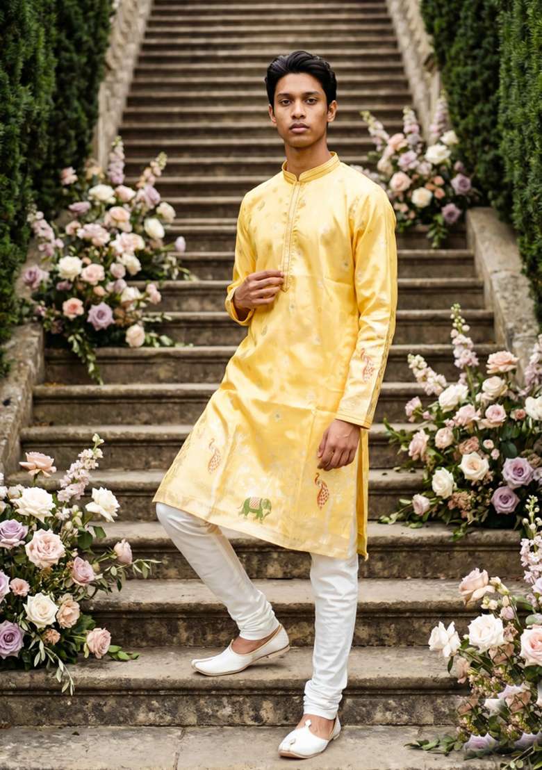 Yellow Embroidered Silk Kurta Pajama For Men - Indya