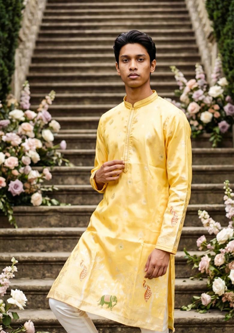 Yellow Embroidered Silk Kurta Pajama For Men - Indya