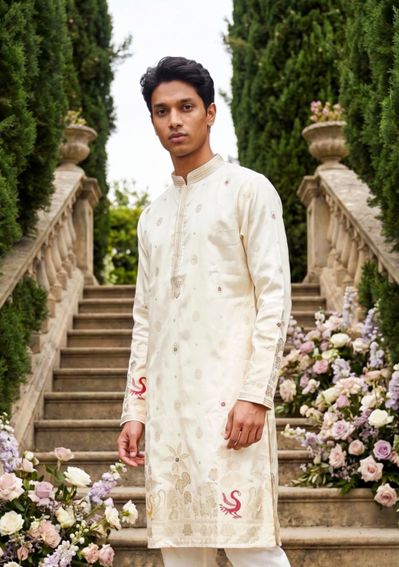 Cream Embroidered Silk Kurta Pajama For Men - Indya