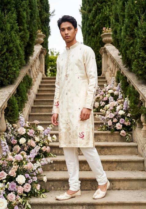 Cream Embroidered Silk Kurta Pajama For Men
