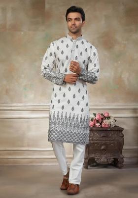 White Embroidered Silk Kurta Pajama For Men