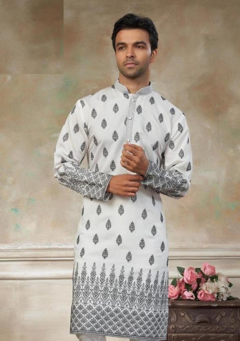 White Embroidered Silk Kurta Pajama For Men - Indya