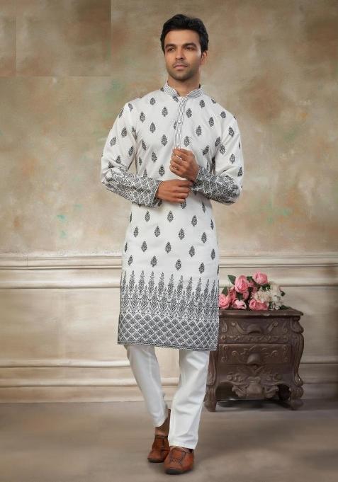 White Embroidered Silk Kurta Pajama For Men