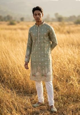 Green Embroidered Silk Kurta Pajama For Men