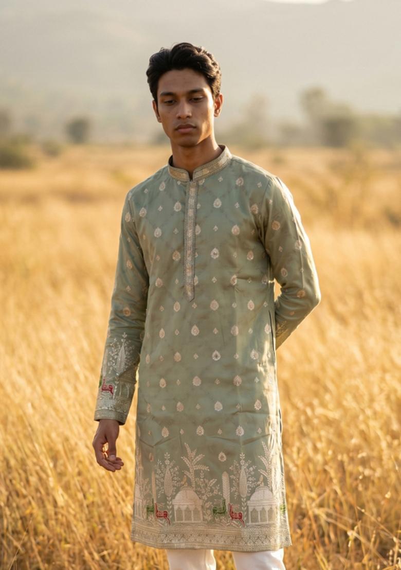 Green Embroidered Silk Kurta Pajama For Men - Indya