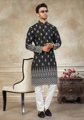 Black Embroidered Silk Kurta Pajama For Men