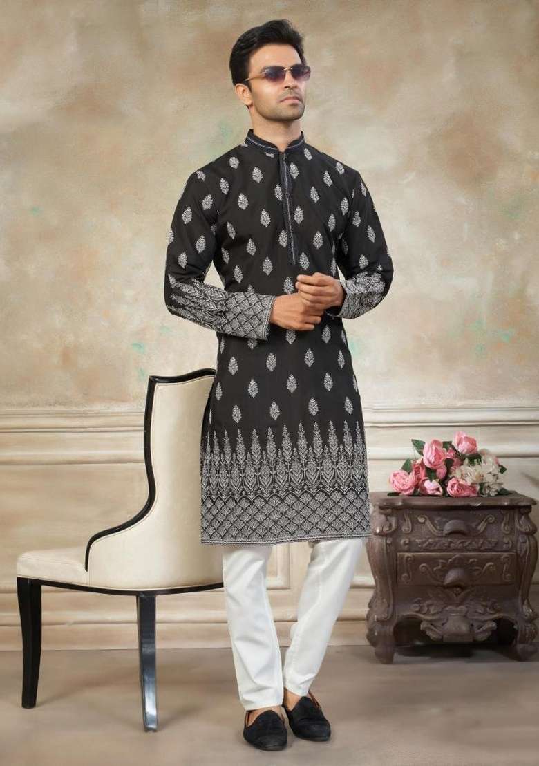 Black Embroidered Silk Kurta Pajama For Men - Indya