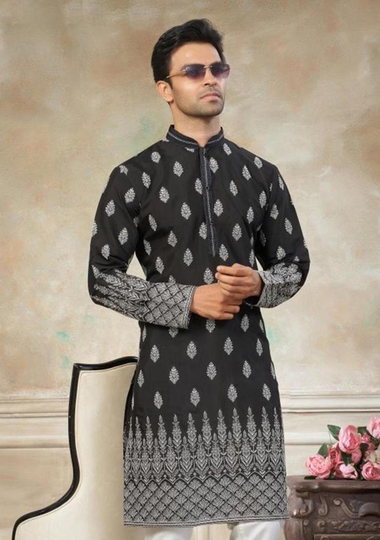 Black Embroidered Silk Kurta Pajama For Men - Indya