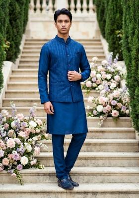 Blue Embroidered Silk Kurta Pajama For Men