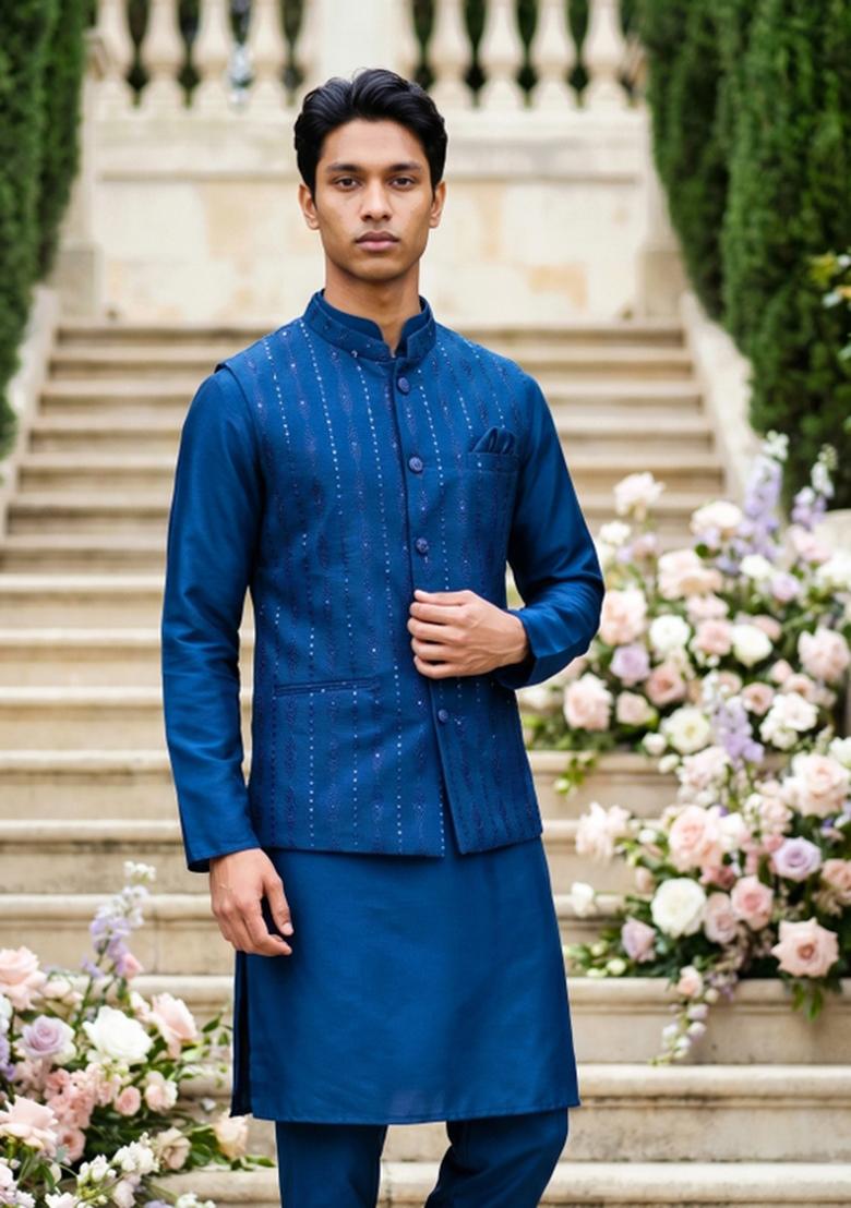 Blue Embroidered Silk Kurta Pajama For Men - Indya
