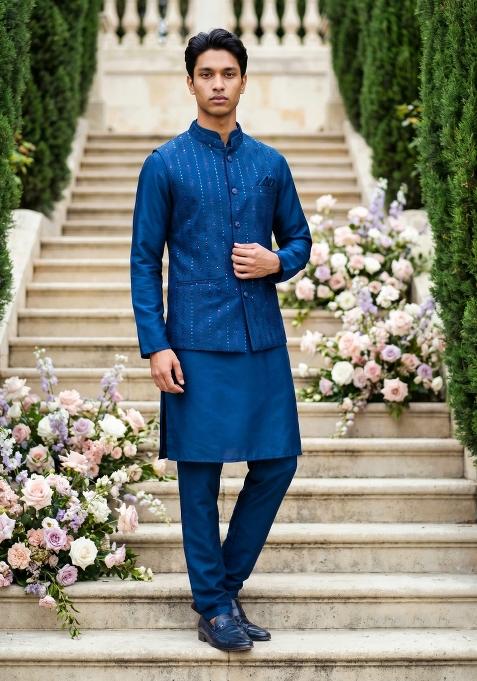 Blue Embroidered Silk Kurta Pajama For Men