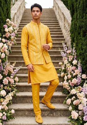 Yellow Embroidered Silk Kurta Pajama For Men