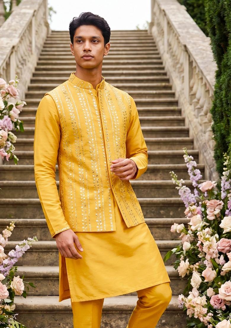 Yellow Embroidered Silk Kurta Pajama For Men - Indya